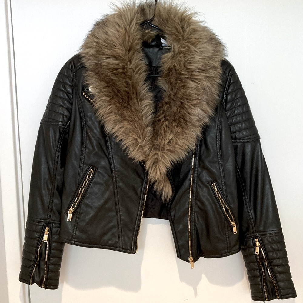 H&M Black Leather Motorcycle Moto Fur Jacket